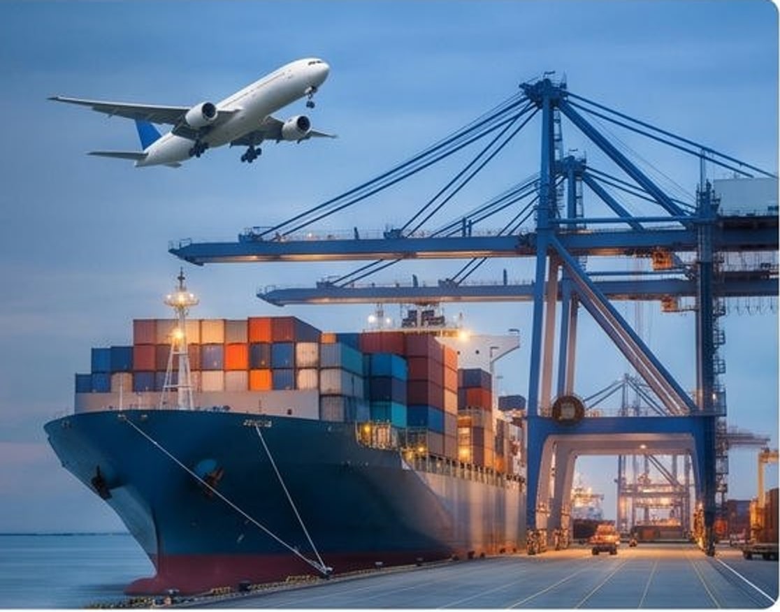 Container ship at port with cargo aircraft overhead